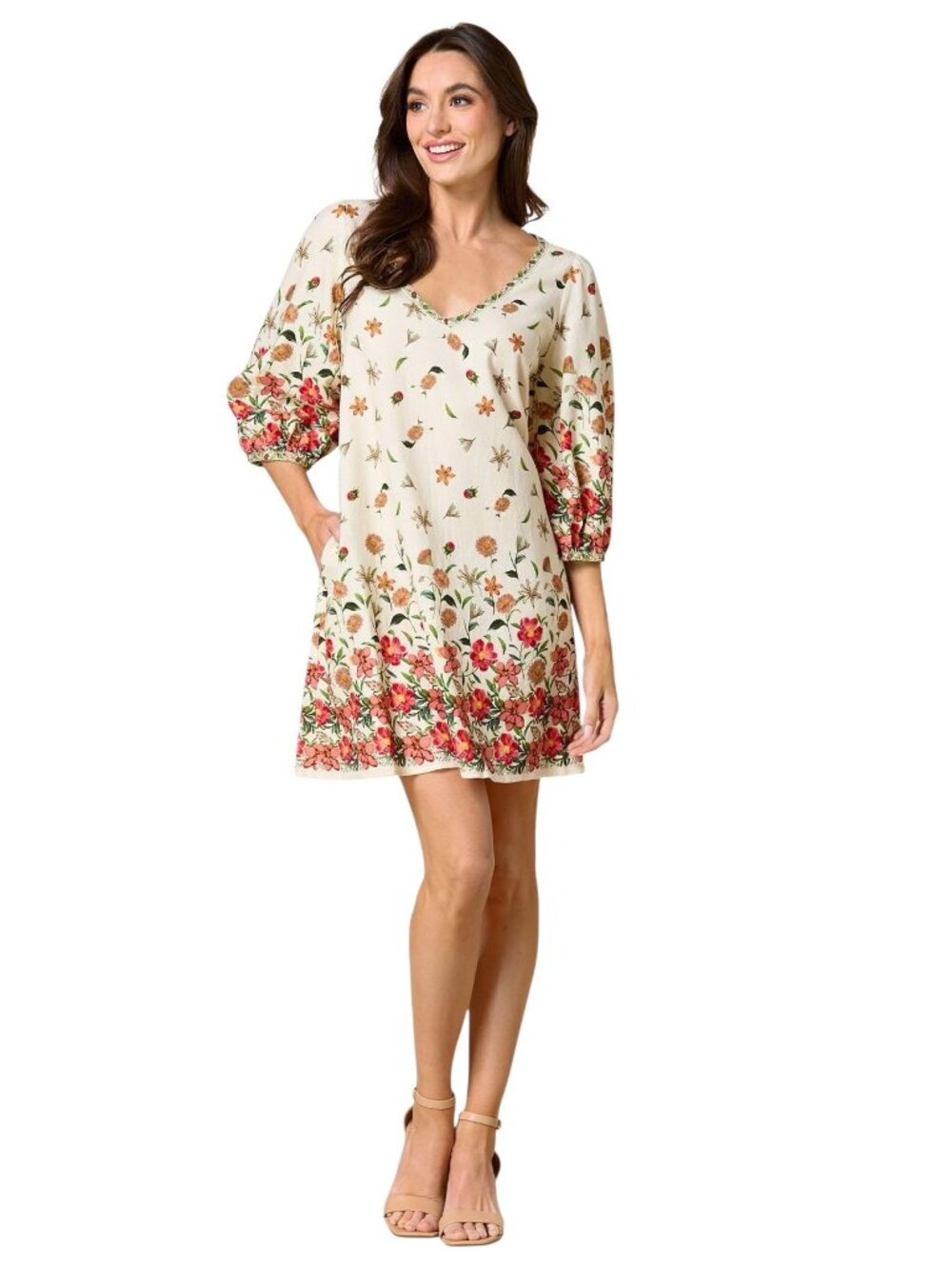 Max Studio London Linen Blend Dress Cream Size XS Floral Spring Cottagecore Cute
